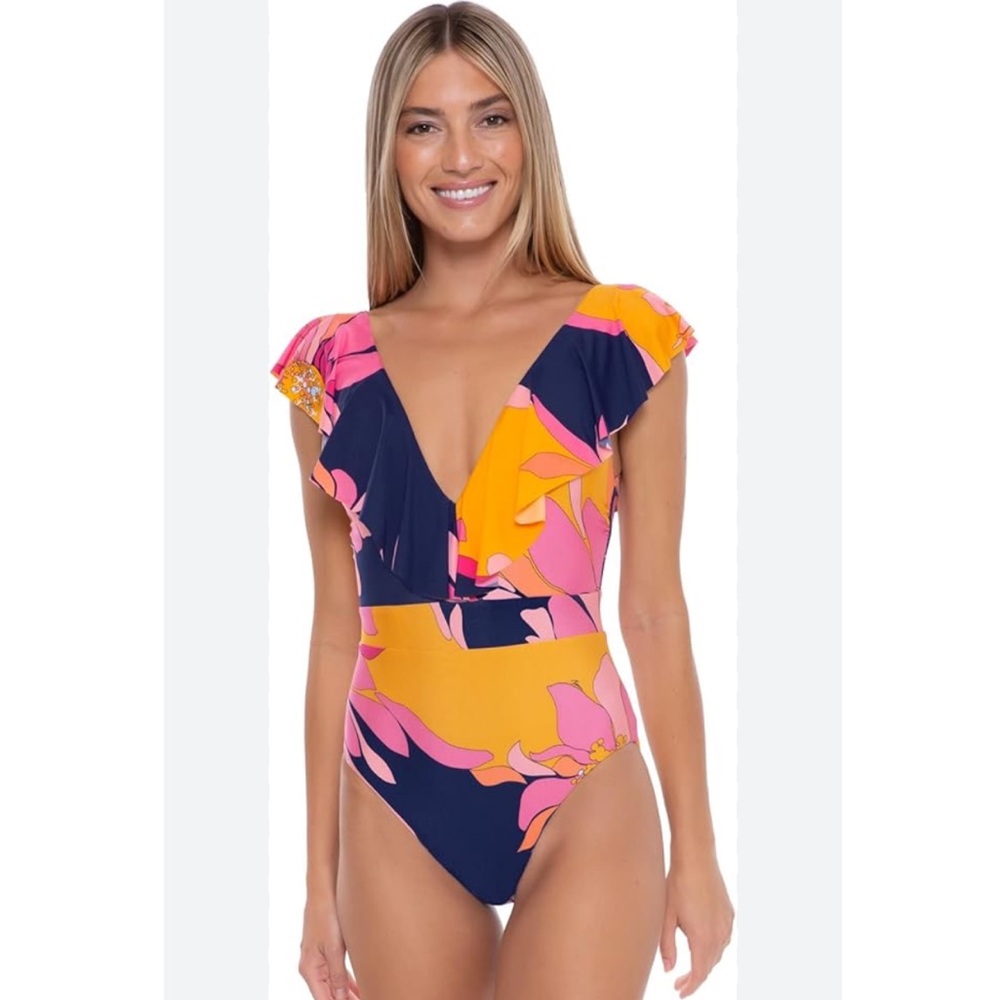 J16 Trina‎ Turk L105219 Womens Multi Breeze Ruffle Plunge One Piece Swimsuit